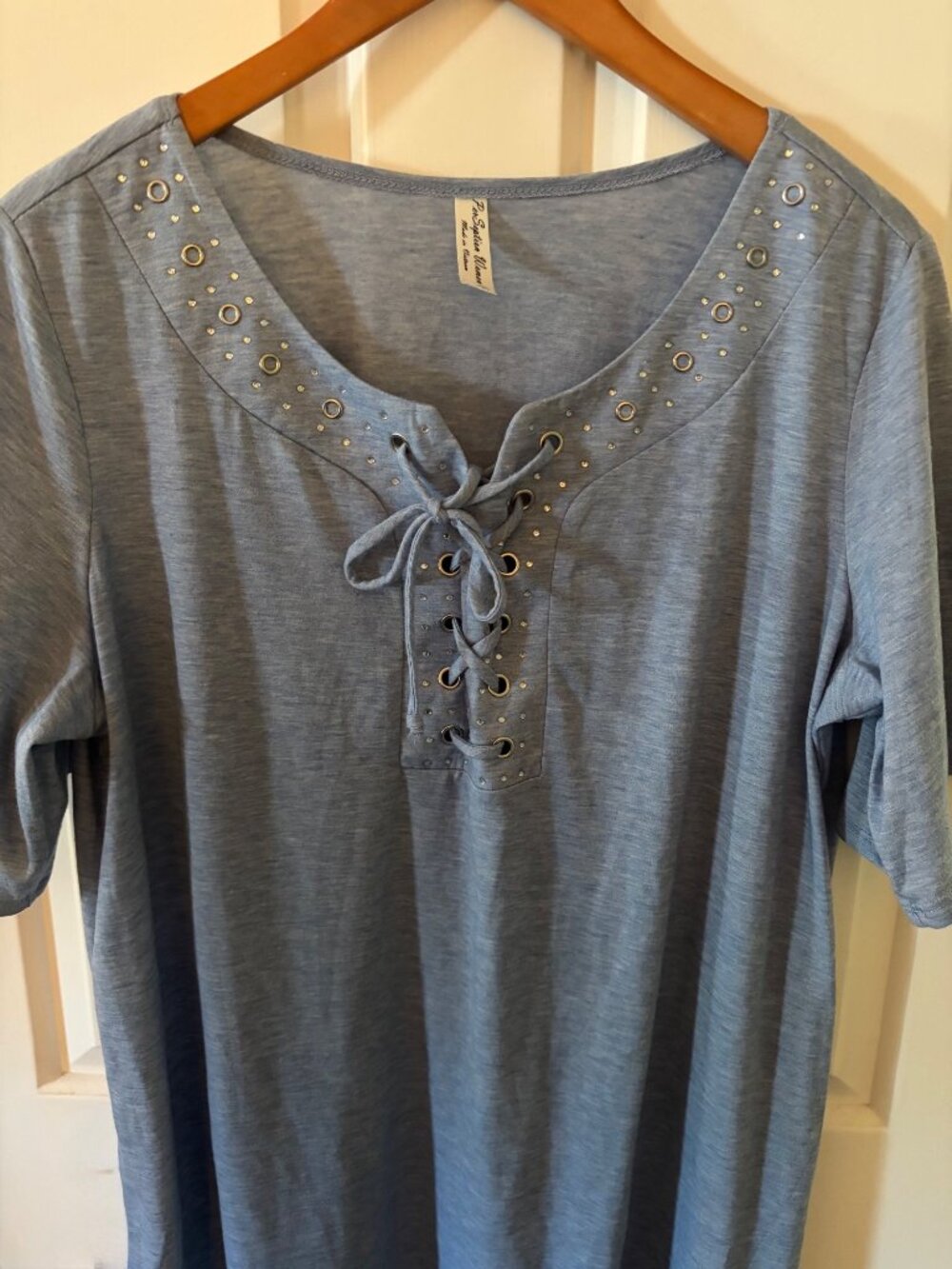 Women's PerSeption Size 1X Light Blue Heather Top Lace-Up Tie Grommets Rhineston